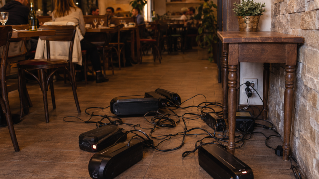 Losse opladers en kabels bij een horecalocatie